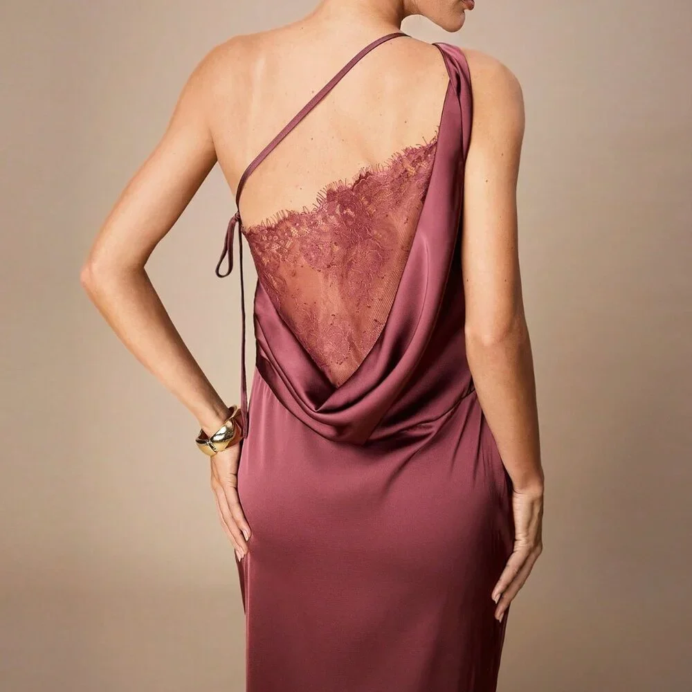 Red Violet Party Women's Mermaid Hem Lace Patchwork Backless Long Dresses - Picture 3 of 8